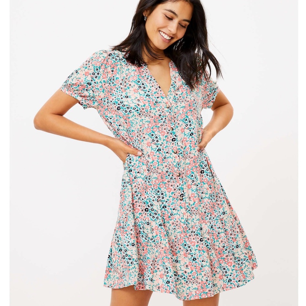 LOFT Floral Print Dress - Salmon & Aqua